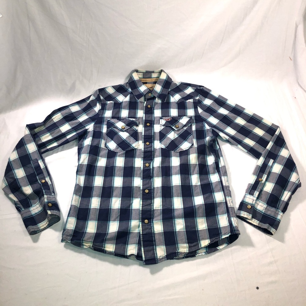 Men’s Hollister Small Logo Plaid Long Sleeve Snap Up Shirt Size Small Blue White